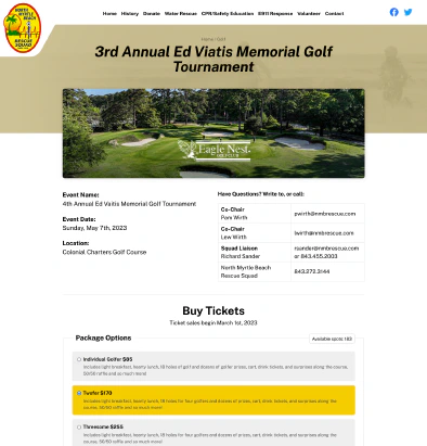 Annual golf tournament event ticket sale page