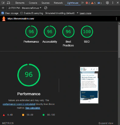 Chrome Lighthouse score 96 on production site